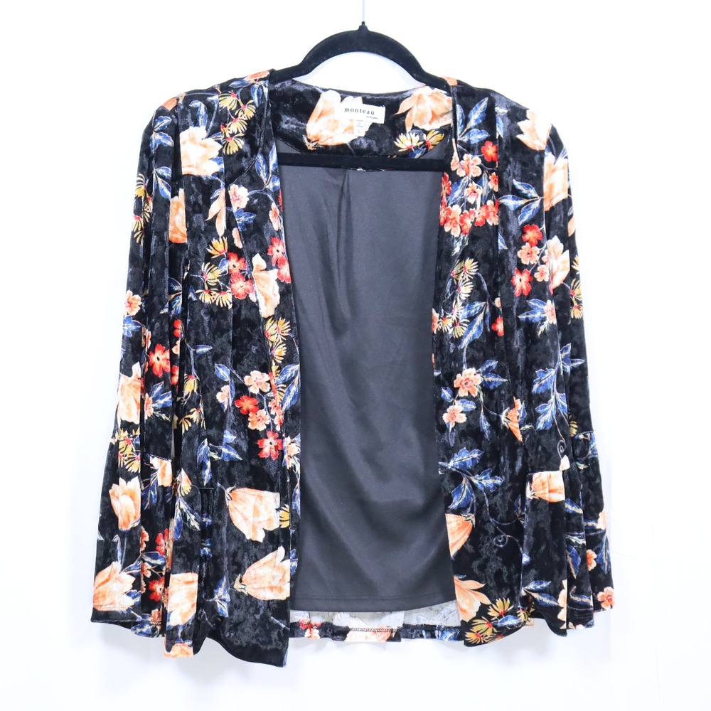 Monteau Floral Velvet Blazer L Black Womens Peplum Bell‎ Sleeve Cardigan